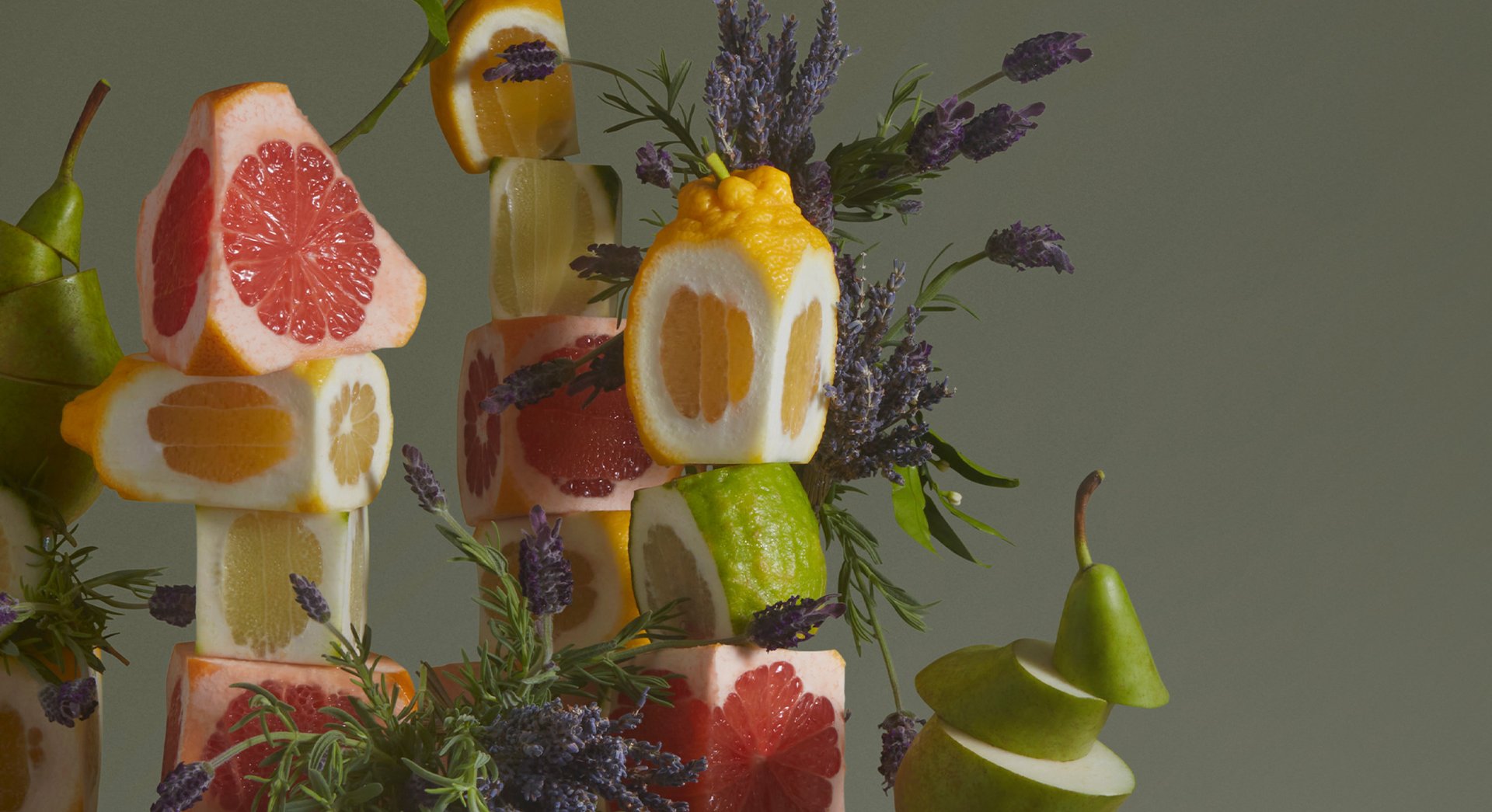 Citrus fruits, pear, lavender